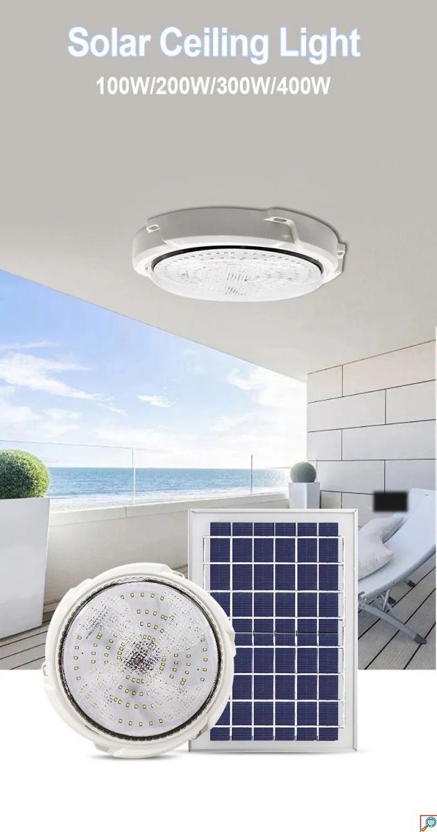 Αδιάβροχο Ηλιακό Φωτιστικό Οροφής 200W LED Ψυχρού Λευκού Φωτισμού 6500K με Φωτοκύτταρο, Timer & Χειριστήριο - Solar LED Lamp Άσπρο