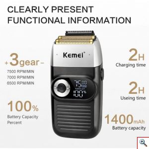 Kemei® Επαναφορτιζόμενη Ξυριστική Μηχανή - Τρίμερ 5W με Διπλή Λεπίδα - LCD Οθόνη - 3 Ρυθμίσεις Στροφών & Τσαντάκι Μεταφοράς