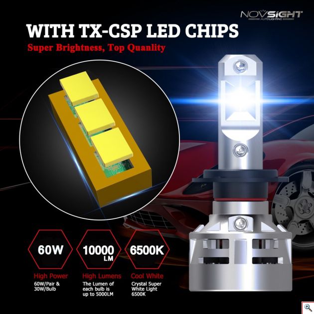 2x Λαμπτήρες LED H7 10000LM (2x5000lm) 6500K 60W (2x30w) IP68 A386 N9 NOVSIGHT Λάμπες Αυτοκινήτου 12-24V - Car LED Headlights