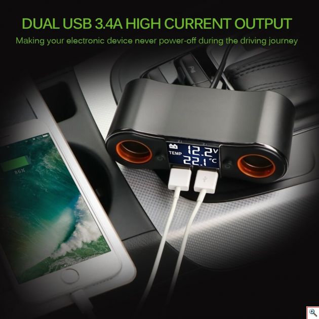 Splitter Αναπτήρα με Dual 2x Φορτιστή USB, Βολτόμετρο & Θερμόμετρο Αυτοκινήτου DC 12V-24V