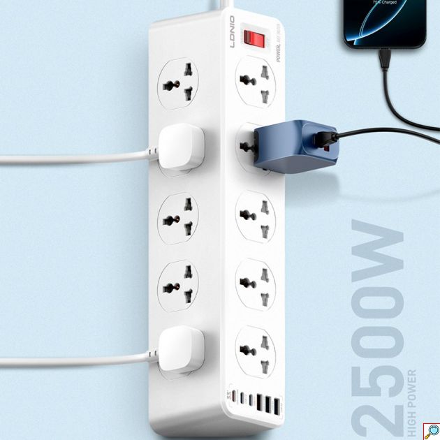 Πολύπριζο 10 Θέσεων - 2500W, 3x USB-A & 3x USB-C PD 30W