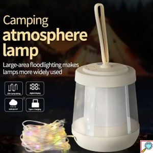 LED Επαναφορτιζόμενο Φανάρι Camping σε Ψυχρό Θερμό Φωτισμό – Γιρλάντα 10m με LCD Οθόνη Ένδειξης Μπαταρίας και Ιμάντα σε Λευκό Χρώμα 