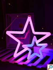 LED Επιτοίχιο Διακοσμητικό Φωτιστικό Neon με Τροφοδοσία USB ή Μπαταρίες με Σχέδιο Διπλό Αστέρι σε Ροζ και Μπλε Χρώμα