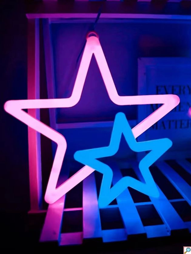 LED Επιτοίχιο Διακοσμητικό Φωτιστικό Neon με Τροφοδοσία USB ή Μπαταρίες με Σχέδιο Διπλό Αστέρι σε Ροζ και Μπλε Χρώμα