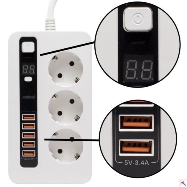 Andowl Πολύμπριζο με 3 Θέσεις Σούκο και 5 USB με Χρονοδιακόπτη - Anti-Static Power Socket