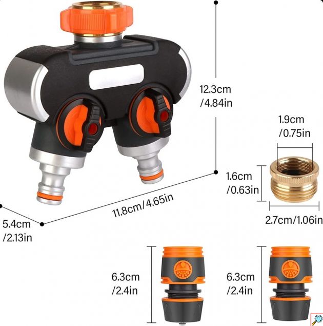 Διανομέας Νερού Βρύσης 2 Δρόμων 3/4″ & 1/2″ – Διπλή Παροχή για Κήπο & Πότισμα - Με Ανεξάρτητους Διακόπτες & 2 Συνδέσμους Λάστιχου