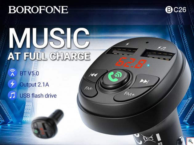 Διπλός Φορτιστής Αυτοκινήτου 2 USB - Fm Transmitter, Bluetooth Hands-Free 2.4Α με LED Οθόνη MOXOM