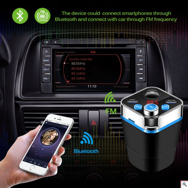Ασύρματος Πομπός Αυτοκινήτου Bluetooth USB/SD MP3 Player & Διπλός Φορτιστής Dual USB 5V για Ποτηροθήκη - Cup Holder Car FM Transmitter