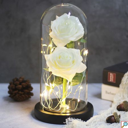 Forever Rose 2 Παντοτινά Τριαντάφυλλα σε Γυάλινο Βάζο με Θερμό LED Φωτισμό 19x11cm - Λευκά