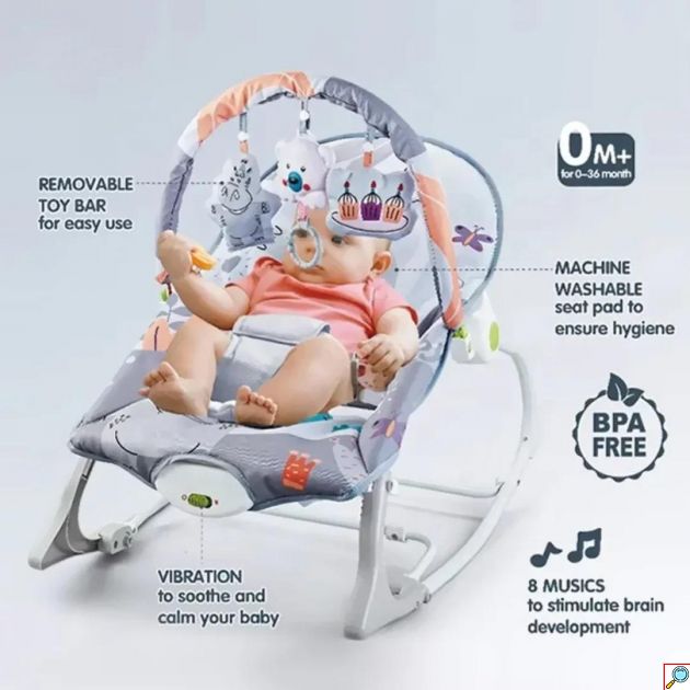 2 σε 1 Relax Μωρού και Βρεφικό Καθισματάκι Δραστηριοτήτων με Παιχνιδάκια, Μουσική και Δόνηση Γκρι