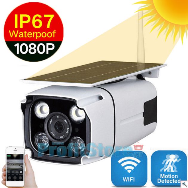 Ηλιακή Αδιάβροχη Ασύρματη IP WiFi Κάμερα Full HD 1080p P2P Εξωτερικού Χώρου με Νυχτερινή Λήψη, Ανιχνευτή Κίνησης, Ειδοποίηση στο Κινητό, Μικρόφωνο, Ηχείο, & Micro SD ΥΝ-100+