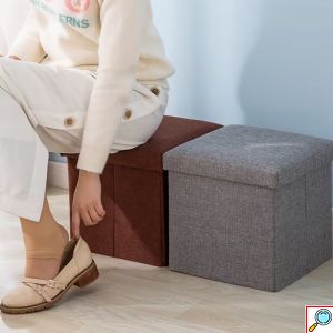 2 σε 1 Αναδιπλούμενο Σκαμπό - Κουτί Αποθήκευσης με Υφασμάτινη Επένδυση - 38 x 38 x 35 cm