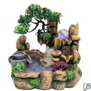 Διακοσμητικό Συντριβάνι Feng Shui με Σπιτάκι, Δέντρο, Τρεχούμενο Νερό & Πολύχρωμο Φωτισμό LED 30x25x30 εκ