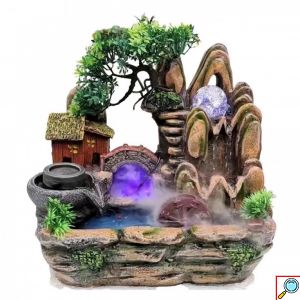 Διακοσμητικό Συντριβάνι Feng Shui με Σπιτάκι, Δέντρο, Τρεχούμενο Νερό & Πολύχρωμο Φωτισμό LED 30x20x30 εκ