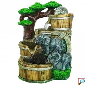 Διακοσμητικό Συντριβάνι Feng Shui με 2 Ελέφαντες, 3 Βαρέλια, Τρεχούμενο Νερό & Πολύχρωμο Φωτισμό LED 20x17x27 εκ