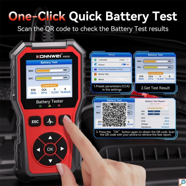 Δοκιμαστής Μπαταρίας 6V/12V/24V - Έγχρωμη Οθόνη 2.8”, Γρήγορος Έλεγχος Για Αυτοκίνητα, Φορτηγά & Μοτοσικλέτες
