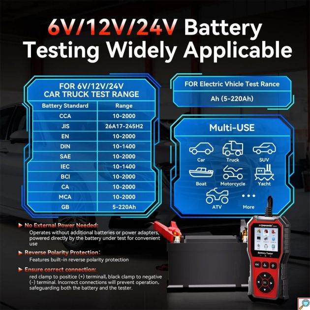 Δοκιμαστής Μπαταρίας 6V/12V/24V - Έγχρωμη Οθόνη 2.8”, Γρήγορος Έλεγχος Για Αυτοκίνητα, Φορτηγά & Μοτοσικλέτες