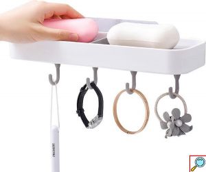 Επιτοίχιο Αυτοκόλλητο Ραφάκι για Σαπούνια Νιπτήρα Μπάνιου με 4 Γάντζους - Κρεμάστρες Πλαστικό 