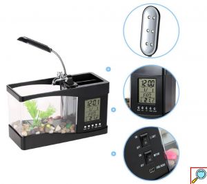 Mini Ενυδρείο - Μολυβοθήκη με Φωτισμό LED, Ηχείο & Οθόνη LCD με Ρολόι, Ημερολόγιο & Ξυπνητήρι USB 2,2Lt