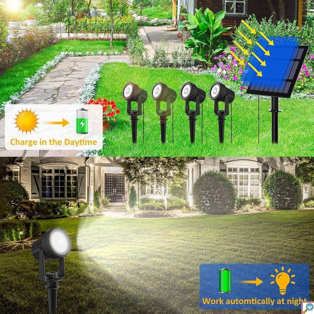Σετ 4 Ηλιακά Σποτ LED 3W - Θερμό Λευκό Φως 3000K, IP65 Αδιάβροχα για Κήπο - Αυτόματη Λειτουργία & 2 Σκάλες Φωτεινότητας, Καλώδια 3m
