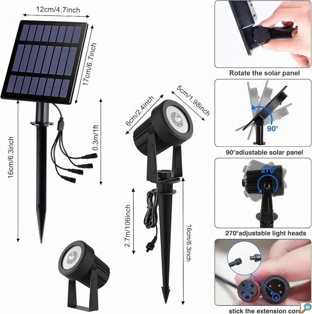 Σετ 4 Ηλιακά Σποτ LED 3W - Θερμό Λευκό Φως 3000K, IP65 Αδιάβροχα για Κήπο - Αυτόματη Λειτουργία & 2 Σκάλες Φωτεινότητας, Καλώδια 3m