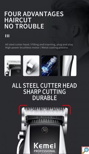 Kemei® Πλήρες Premium Σετ Κουρέματος Barber με Eπαναφορτιζόμενη USB Κουρευτική Ξυριστική Μηχανή με Οθόνη, 7 Κεφαλές Σβησίματος, Χτένα & Ψαλίδι
