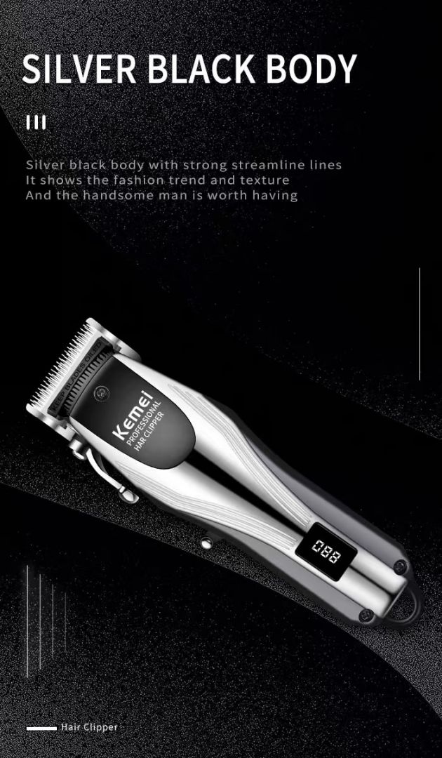 Kemei® Πλήρες Premium Σετ Κουρέματος Barber με Eπαναφορτιζόμενη USB Κουρευτική Ξυριστική Μηχανή με Οθόνη, 7 Κεφαλές Σβησίματος, Χτένα & Ψαλίδι
