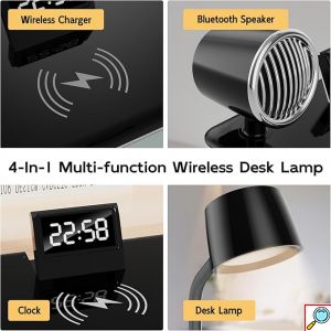 4 σε 1 Επιτραπέζια Λάμπα LED με Ηχείο Bluetooth, Ασύρματο Φορτιστή 15W & Ρολόι