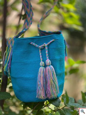 Μοναδική Χειροποίητη Κολομβιανή Boho Style Πλεκτή Τσάντα Azul Con Gris - Wayuu Mochila