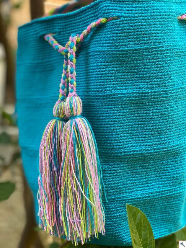 Μοναδική Χειροποίητη Κολομβιανή Boho Style Πλεκτή Τσάντα Azul Con Gris - Wayuu Mochila