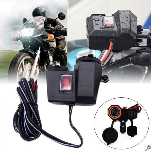 Αδιάβροχη Πρίζα Μοτοσυκλέτας 12V με Υποδοχή Αναπτήρα - 2 Θύρες USB & Διακόπτη - Μαύρο