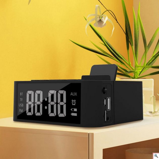 Ασύρματο Ηχείο Bluetooth & Ρολόι με Ξυπνητήρι, Μικρόφωνο Handsfree Ομιλία - Multimedia USB/SD/FM/AUX MP3 Player & Βάση Κινητού