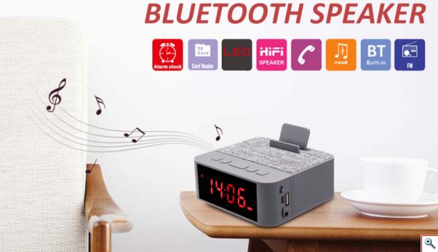Ασύρματο Ηχείο Bluetooth & Ρολόι με Ξυπνητήρι, Μικρόφωνο Handsfree Ομιλία - Multimedia USB/SD/FM/AUX MP3 Player & Βάση Κινητού