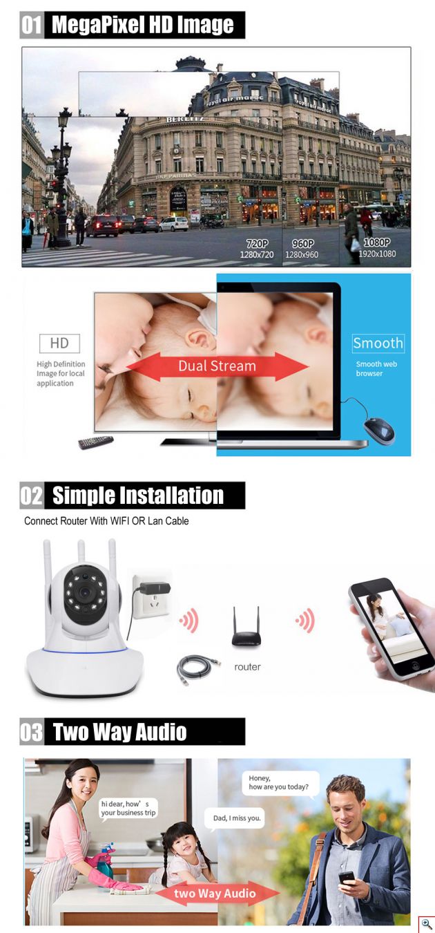 Ασύρματη IP WiFi/Ethernet Κάμερα HD 720p Pan/Tilt με Νυχτερινή Λήψη, Ανιχνευτή Κίνησης, Ειδοποίηση στο Κινητό, Μικρόφωνο, Ηχείο, Σειρήνα, 3 Κεραίες & Micro SD