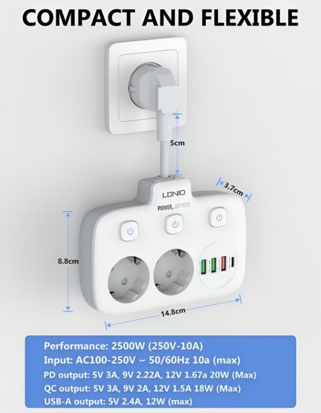 LDNIO Πολύπριζο 2 Θέσεων με Διακόπτες ON/OFF και 3 USB-A & USB-C - Intelligent Power Strip