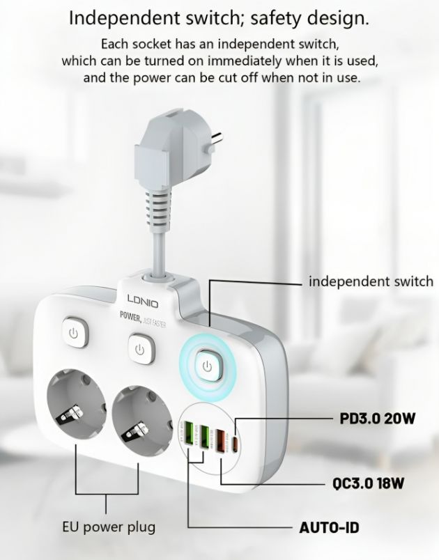 LDNIO Πολύπριζο 2 Θέσεων με Διακόπτες ON/OFF και 3 USB-A & USB-C - Intelligent Power Strip
