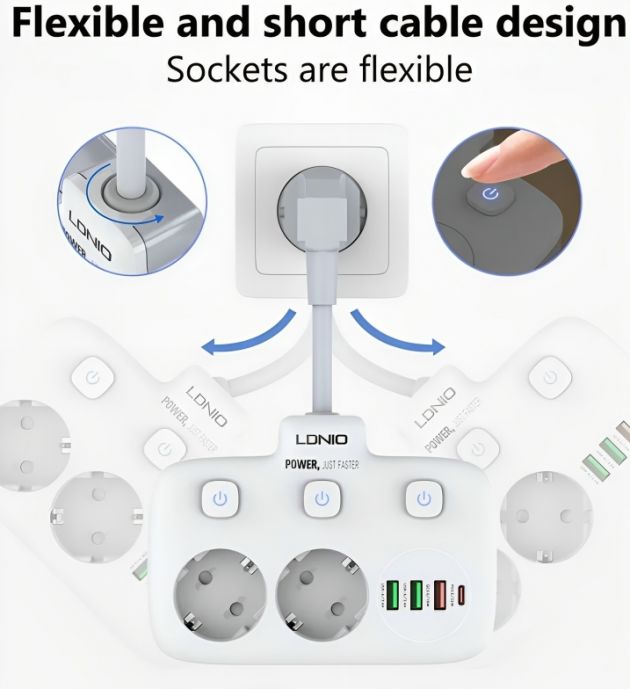 LDNIO Πολύπριζο 2 Θέσεων με Διακόπτες ON/OFF και 3 USB-A & USB-C - Intelligent Power Strip