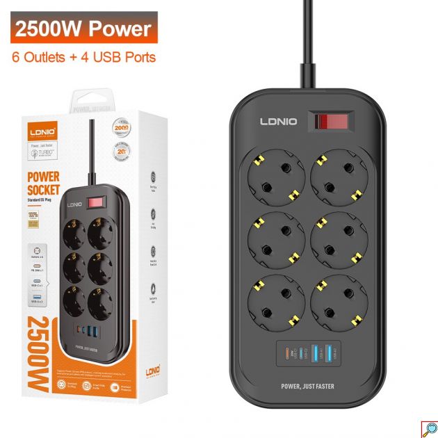 LDNIO Πολύπριζο 6 Θέσεων με 4 USB Ports, 2500W και 2m Καλώδιο
