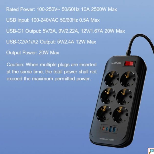 LDNIO Πολύπριζο 6 Θέσεων με 4 USB Ports, 2500W και 2m Καλώδιο