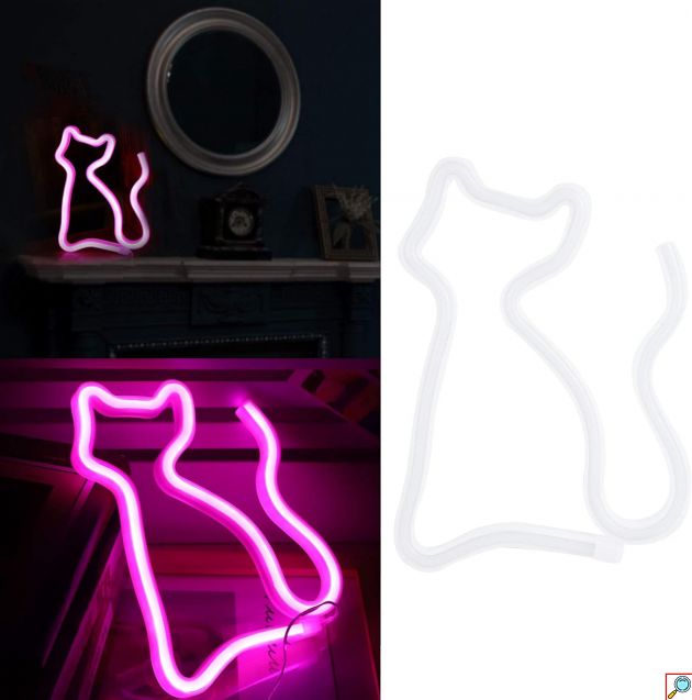 LED Επιτοίχιο Διακοσμητικό Φωτιστικό Neon με Τροφοδοσία USB ή Μπαταρίες με Σχέδιο Γατούλα σε Ροζ Χρώμα