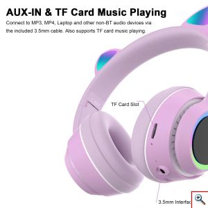Bluetooth Ασύρματα & Ενσύρματα Ακουστικά Αυτιά Γάτας Αναδιπλούμενα με Πολύχρωμα Φώτα LED RGB σε Διάφορα Χρώματα