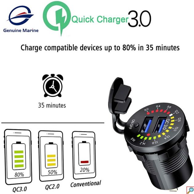 Αδιάβροχος 2x USB Ταχύ Φορτιστής QC3.0 12V Μηχανής / Μοτοσυκλέτας με Φωτεινό Βολτόμετρο - Μαύρο