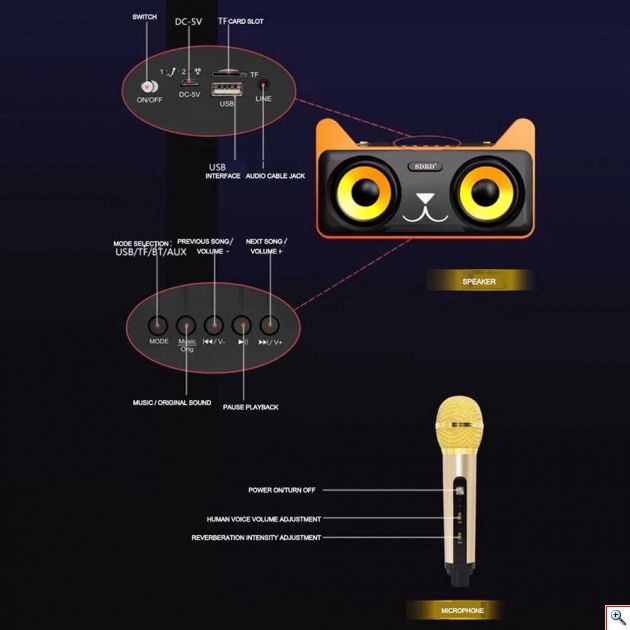 Φορητό Οικογενειακό Σύστημα Karaoke με Διπλά Ασύρματα Μικρόφωνα, Ασύρματο Συμπυκνωτή Bluetooth & Σετ Ηχείων