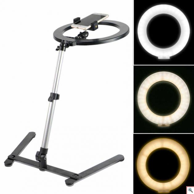 Φωτογραφικό Φωτιστικό Δαχτυλίδι Ring Light LED USB 26cm με 3 Χρώματα Φωτισμού, Dimmer, Stand & Βάση για Κινητό - Photo Lamp 