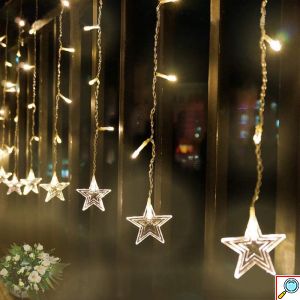 96 LED Χριστουγεννιάτικα Φωτάκια με Λευκό Θερμό Φωτισμό - Κουρτίνα με Αστέρια 4m