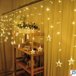 96 LED Χριστουγεννιάτικα Φωτάκια με Λευκό Θερμό Φωτισμό - Κουρτίνα με Αστέρια 4m