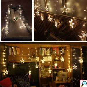 96 LED Χριστουγεννιάτικα Φωτάκια με Λευκό Θερμό Φωτισμό - Κουρτίνα με Αστέρια 4m