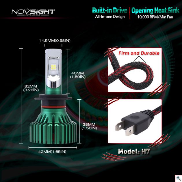 LED Λάμπες Φώτα Αυτοκινήτου H7 60w NovSight 6500k N8 a384 16000 Lumens