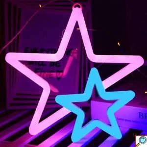 LED Επιτοίχιο Διακοσμητικό Φωτιστικό Neon με Τροφοδοσία USB ή Μπαταρίες με Σχέδιο Διπλό Αστέρι σε Ροζ και Μπλε Χρώμα