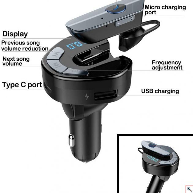Ασύρματος Πομπός Handsfree με Ακουστικό Bluetooth & USB Φορτιστής Αυτοκινήτου - Micro SD - TF, USB, MP3 Player με LCD Οθόνη - Car FM Transmitter